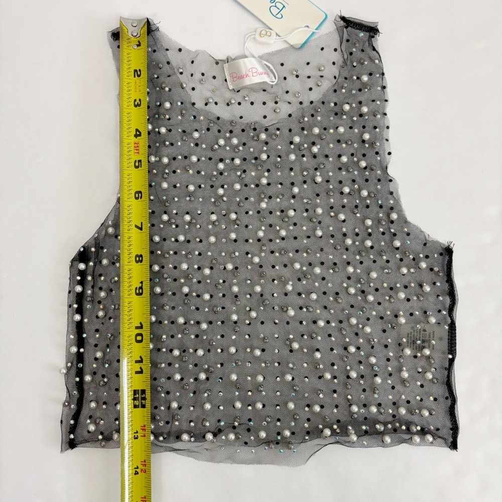 Beach Bunny Glitzy Girl Mesh Pearl Top & Skirt Set in Black Size S - Picture 9 of 15